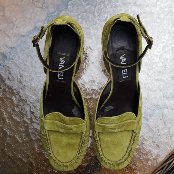 Green Suede Wedge Penny Loafer with Ankle Strap - Picture 2 of 7